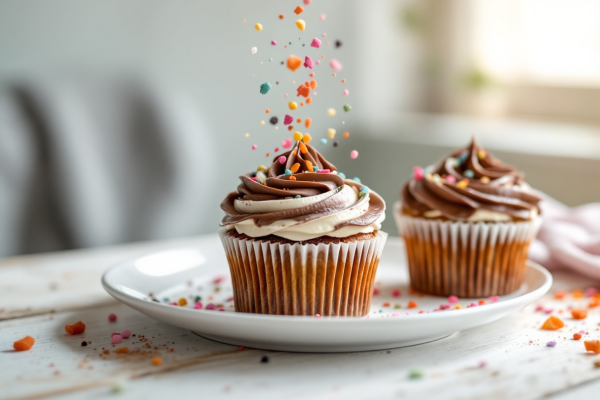 Cupcakes Húmedos de Chocolate con Frosting de Chocolate Blanco y Lluvia de Colores