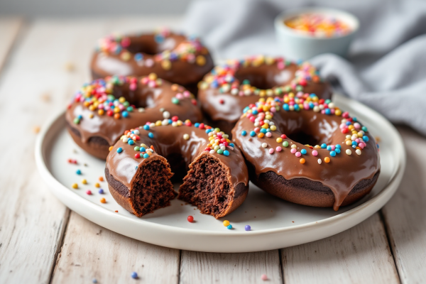 Donas de Chocolate Horneadas con Glaseado y Lluvia de Colores